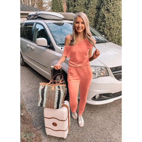 Women's Pink Loose Solid Off Shoulder Elastic Waist Stretchy Romper Jumpsuit - Picture 4 of 5